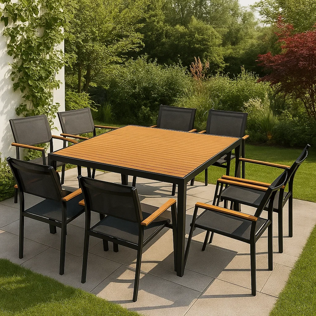 Conjunto de comedor de jardín para 8 personas, estructura de metal y textileno, tablero efecto madera, 8 sillas, 1 mesa, Negro y madera - nAhLcrv183vp