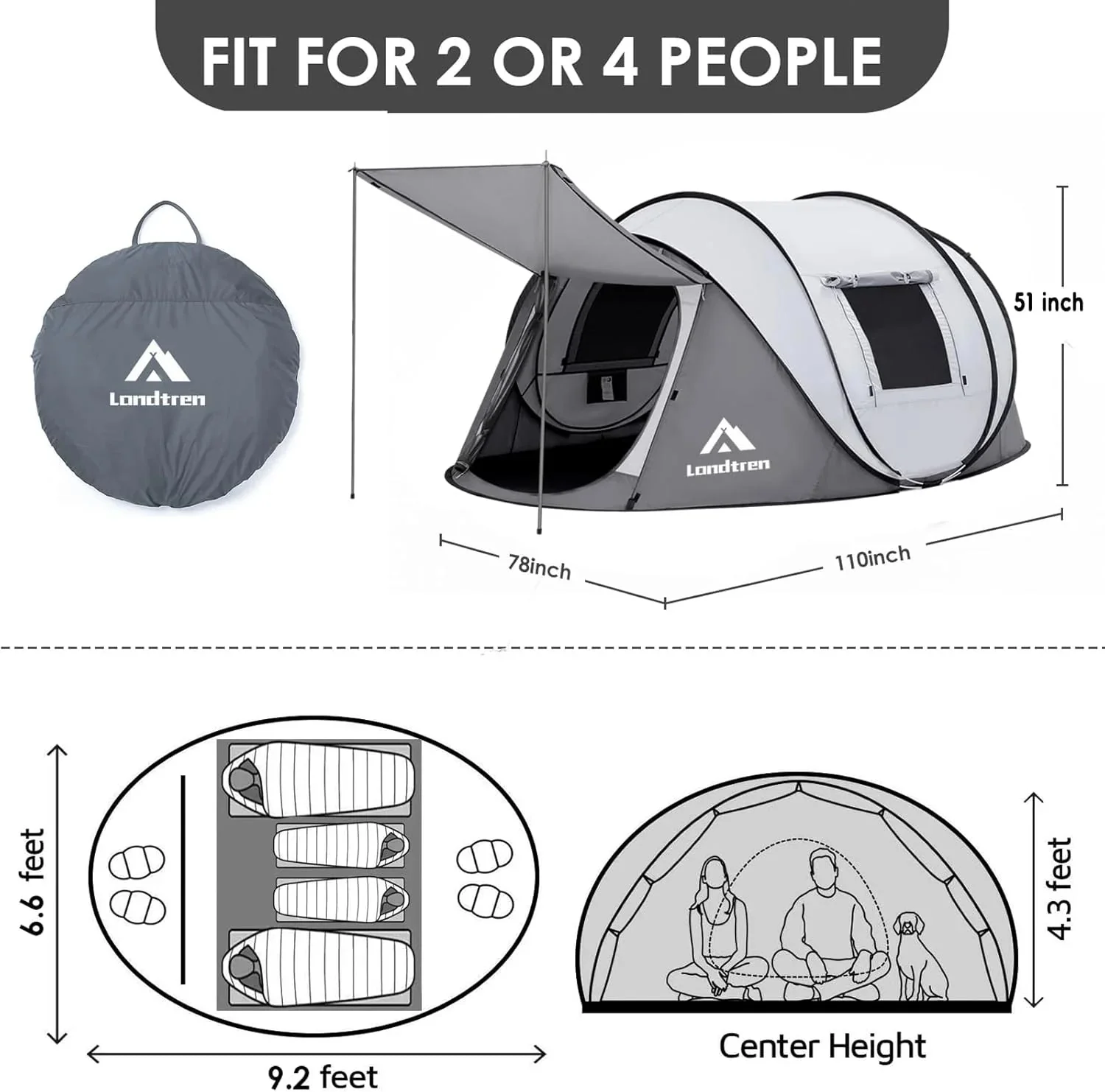 4 Person Pop-Up Camping Tent, Waterproof, 2 Doors, Automatic Setup - Image 2 4 Person Pop-Up Camping Tent, Waterproof, 2 Doors, Automatic Setup - Image 2