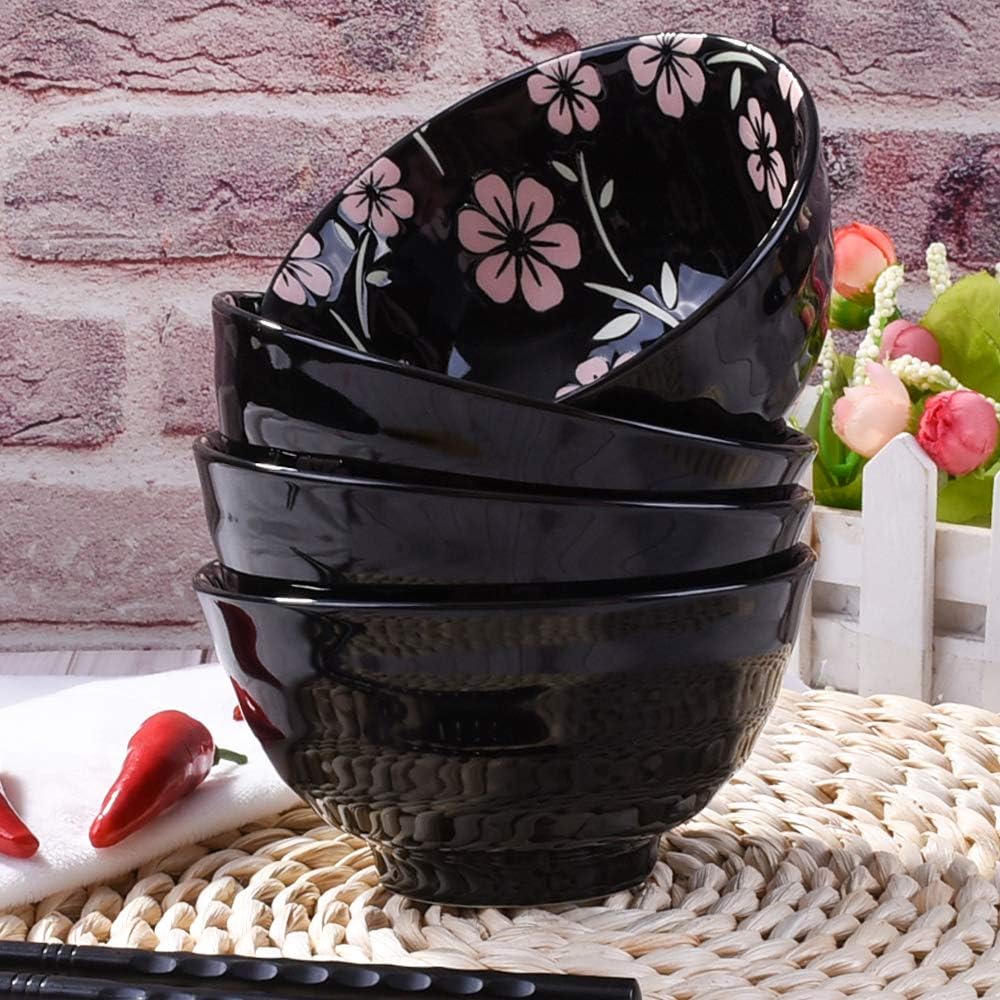 Japanese Style Rice Bowl Set of 4 Ceramic Cereal Bowls for Soup Snack Oat (4, Black Sakura)
