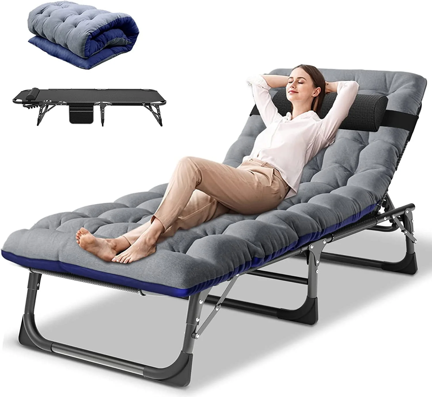 SLSY Folding Camping Cot with 2 Sided Cushion & Pillow, Adjustable 5-Position Outdoor Portable Folding Lounge Chair, Folding Sleeping Cots Bed - Image 11