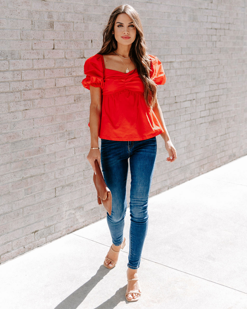 Carley Cotton Puff Sleeve Peplum Top - Red - SALE - Se7enfashion