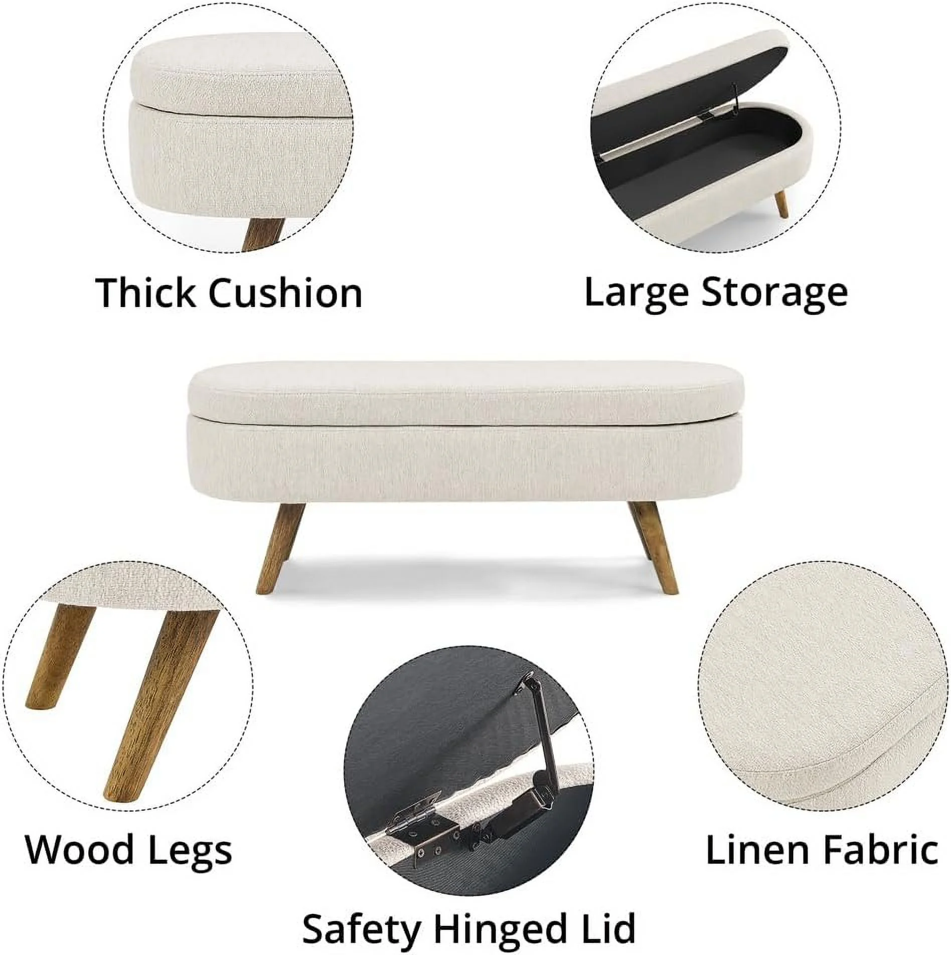 Sumdeal 43.5" Storage Ottoman Bench with 250lb Seating, Linen Upholstered Wood Legs Safety Hinge Flip Top Oval Foot Rest Long Stool for Sofa Couch Bedroom End of Bed Living Room Entryway, White - Image 25