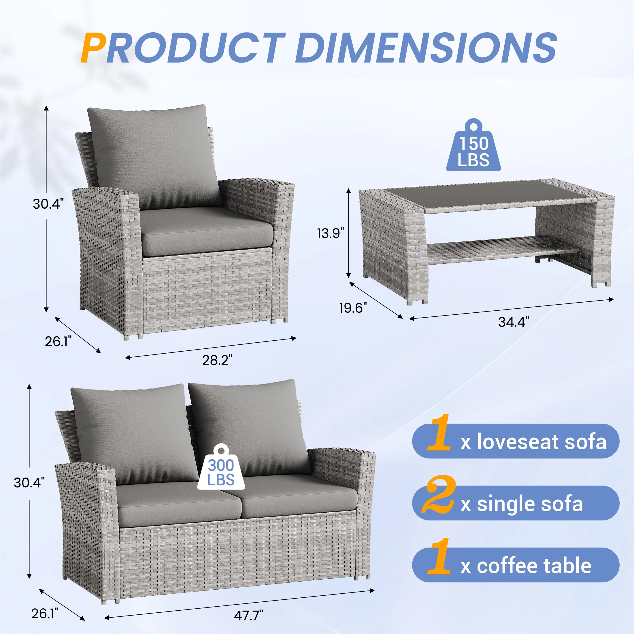 UDPATIO Wicker Patio Furniture Set, 4 Piece Outdoor Sectional Conversation Sets, Gray PE Rattan Patio Sofa Set for Balcony, Porch, Backyard, Grey - Image 10