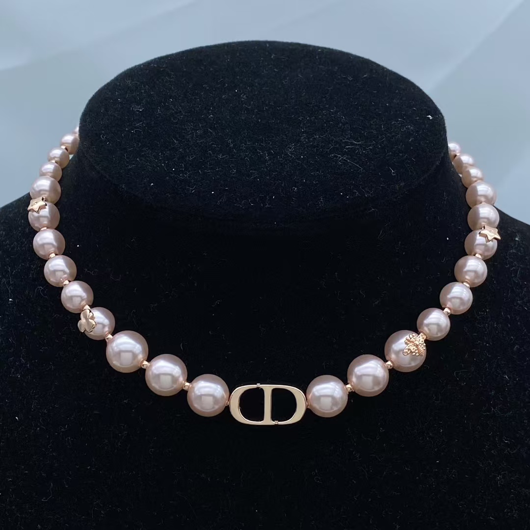 Dior Rose Gold Bee Pink Pearl CD Necklace - Original Replica Club
