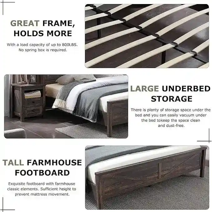 Farmhouse Platform Bed with Storage Headboard Sliding Doors and Charging Station