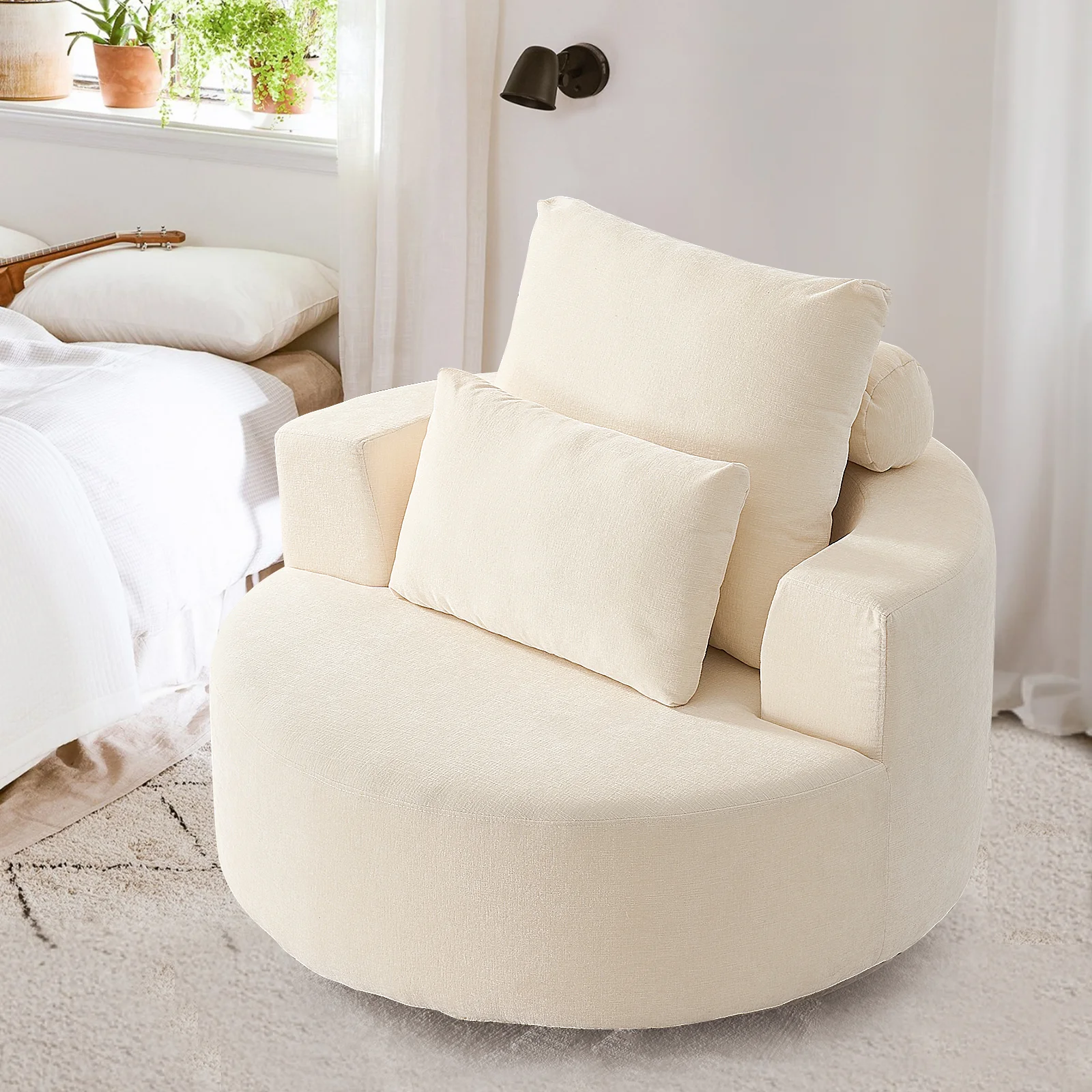 Fumahaus Upholstered Swivel Accent Chair, Oversized Comfy Round Sofa Chair with Two Pillows, Leisure Sofa Chair for Living Room Bedroom, Beige - Image 4