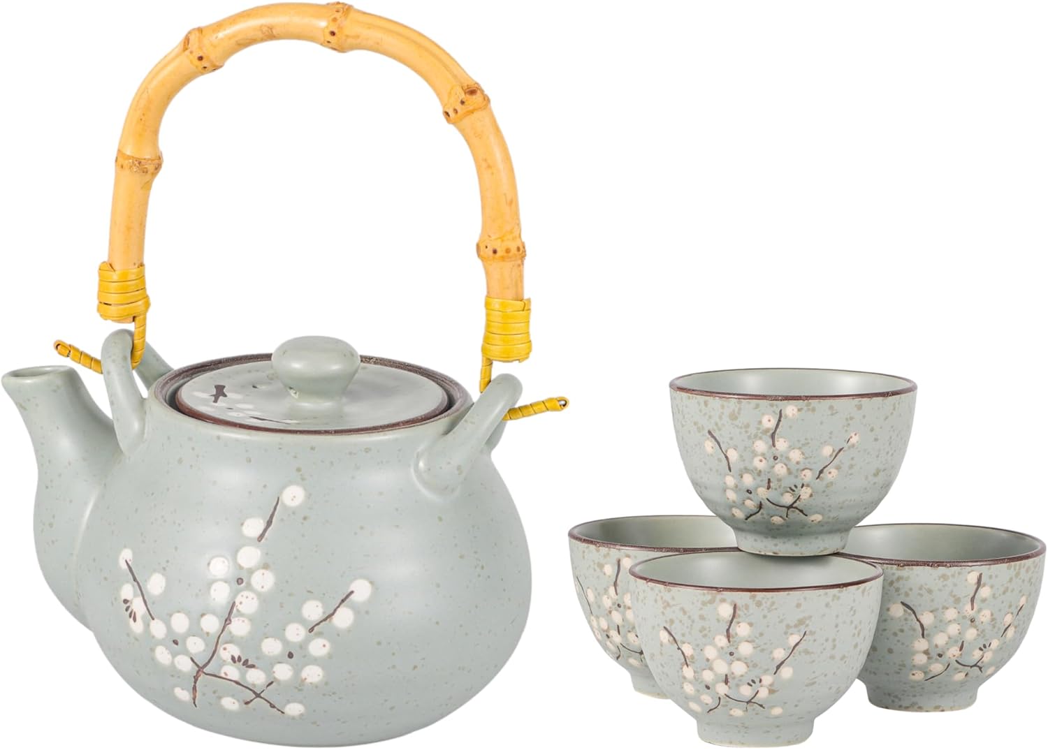 Japanese Plum Blossom Design Tea Set 27 fl oz Teapot with 4 Cups Serving Home Decor Asian Fusion Housewarming Decor (Pink)