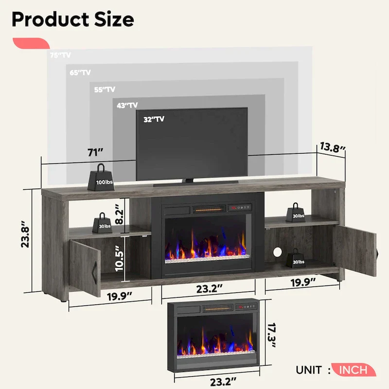 71-Inch TV Stand for 75-Inch TVs with LED Fireplace and Storage Cabinet