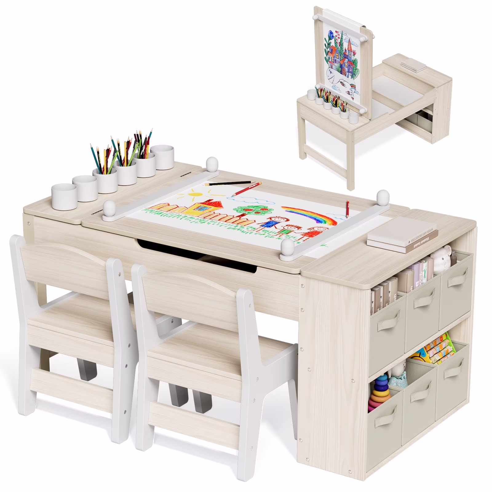 LAZY BUDDY Kids Art Table and 2 Chairs Set, 2 in 1 Easel & Toddler Craft Table and Chairs Set with Storage Bins, Paint Cups and Paper Roll, Activity Table Set for Children 3+ - Image 3