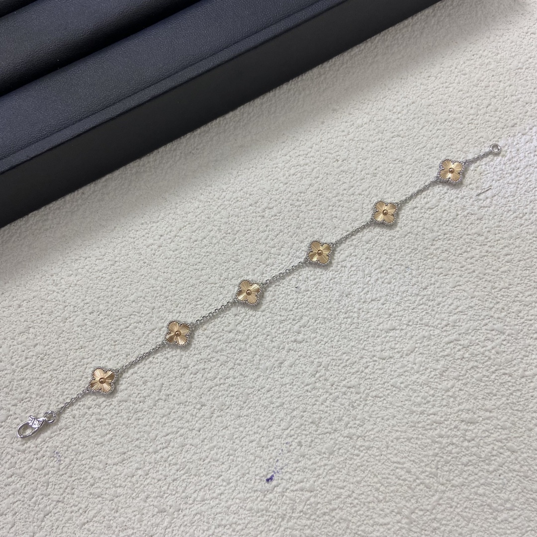 VCA Two-tone Guilloche Sweet Alhambra Bracelet, 6 Motifs - Original Replica Club
