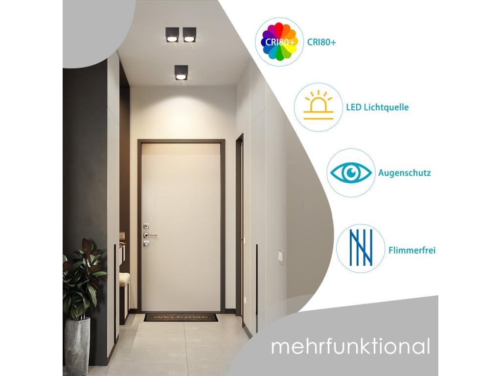 Casaplu. Foco de techo LED negro, foco de montaje - Focos de iluminación de techo, decoración incluida, LED de color blanco cálido, GX53, 5W, emisor de techo angular, emisor de montaje, giratorio, para cocina, sala de estar, comedor, pasillo, vestíbu