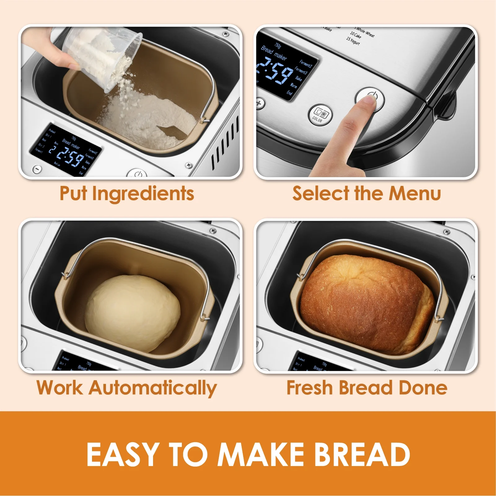 Kitchen in the box 15-in-1 Bread Machine, 2LB Stainless Steel Automatic Bread Maker with Recipes-Silver - Image 4