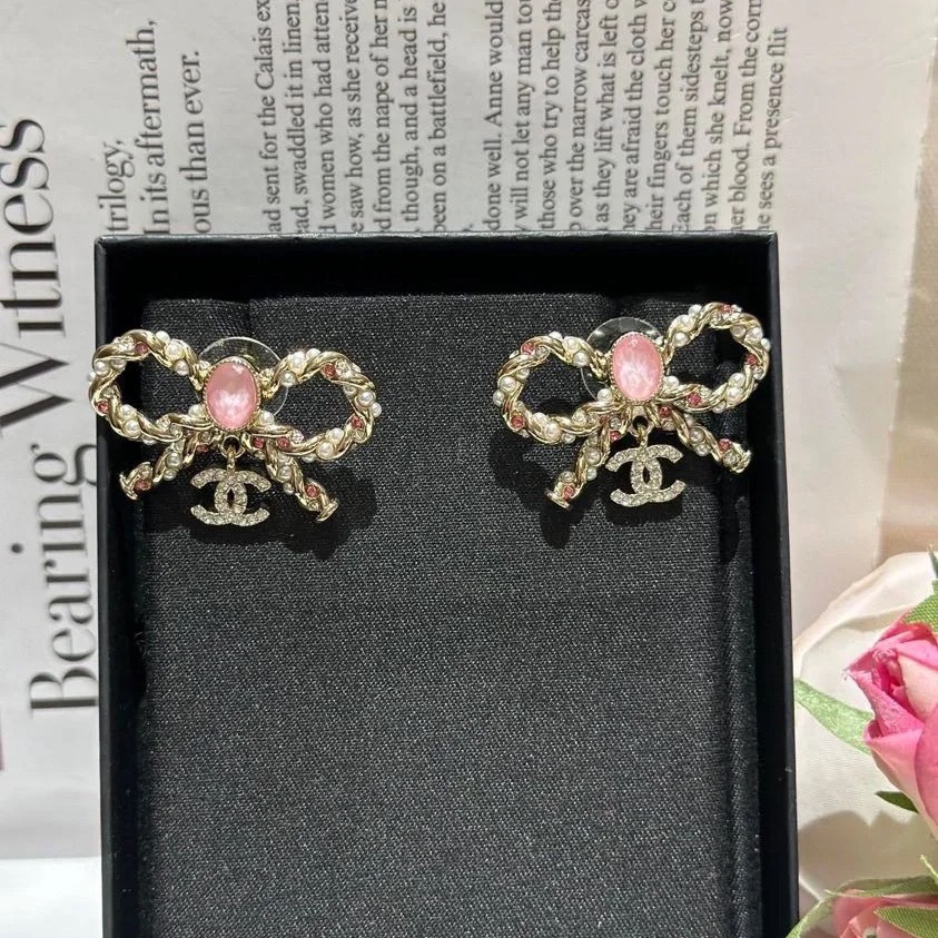 Chanel Pink Rhinestone Bow Brooch Earrings - Original Replica Club