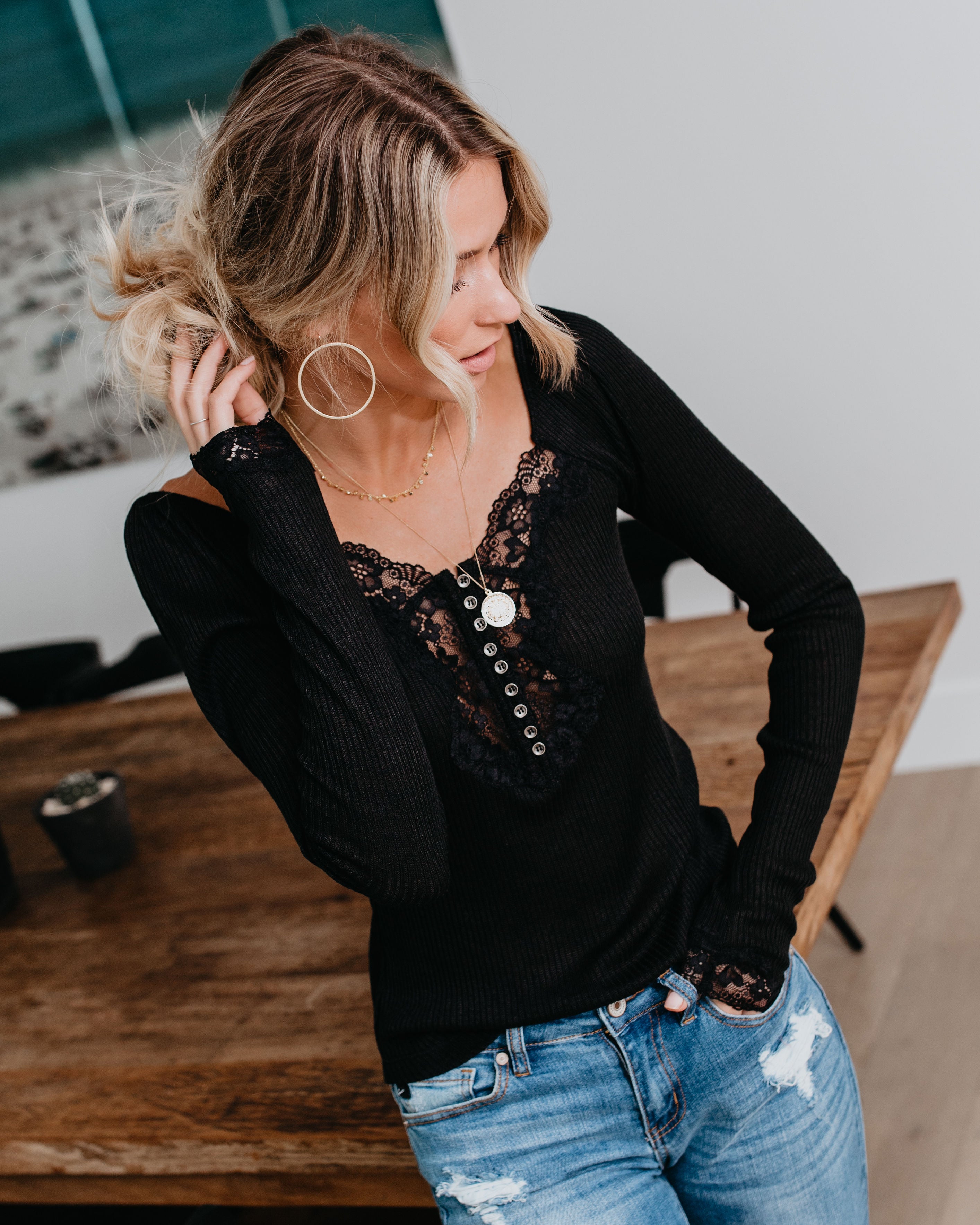 Isn'T It Romantic Lace Henley Top - Black - Se7enfashion