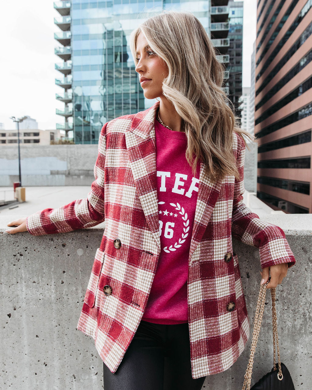 Peppermint Dreams Plaid Blazer - Burgundy - Se7enfashion