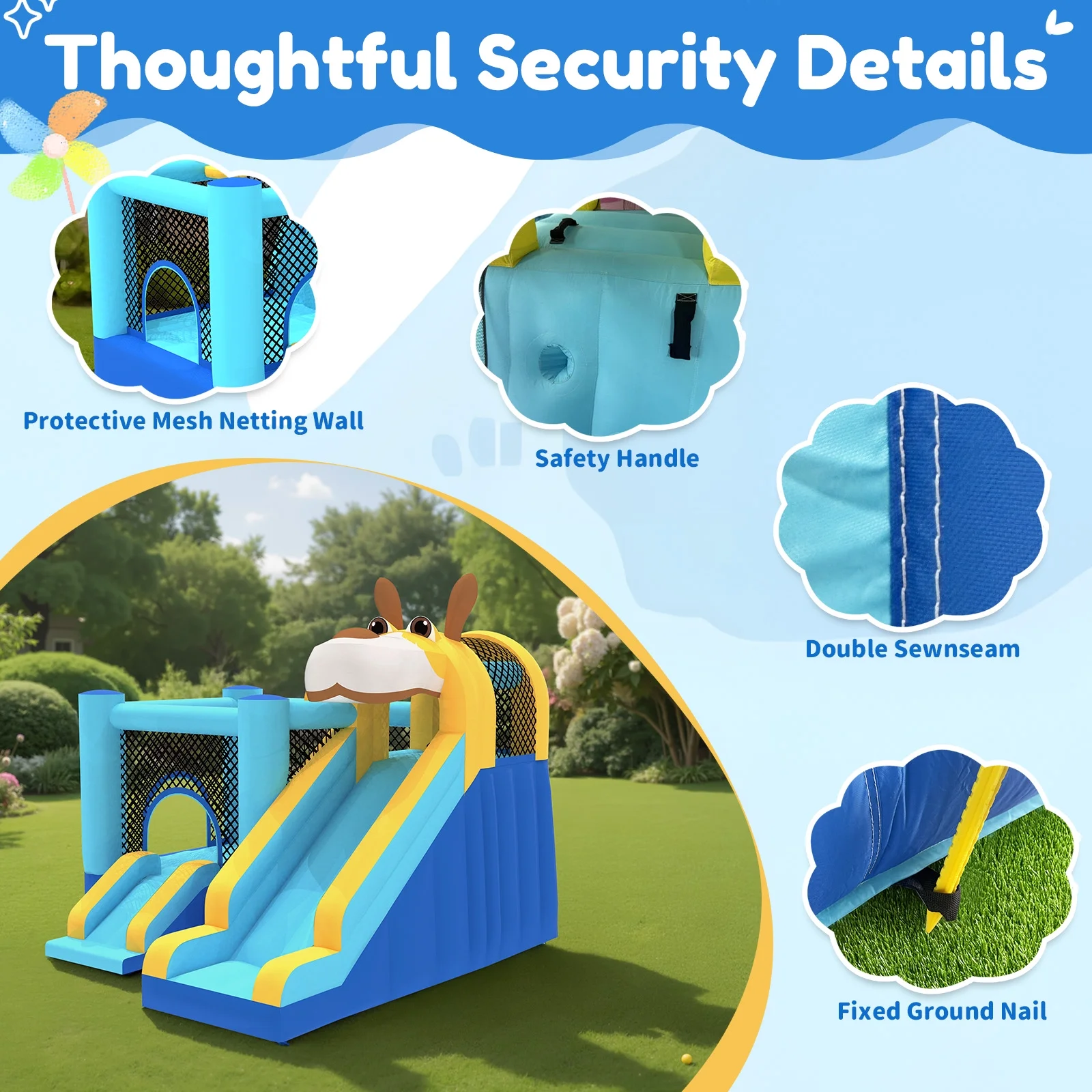 Mukidy 114''x 114'' x 92.5'' Inflatable Bounce Houses for Kids 3-10 with Blower Double Slide and Ball Pit/Indoor Bouncy House, PVC, Child, Teen, Toddler,Blue - Image 10