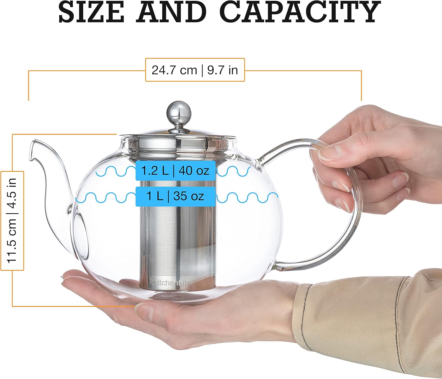 Kitchen Kite Glass Teapot Set with 4 Double Wall Tea Cups & Removable Stainless Steel Infuser, 35oz/1000ml Borosilicate Tea Kettle Stovetop Safe, Loose Leaf & Blooming Tea Maker Gift Set for Women