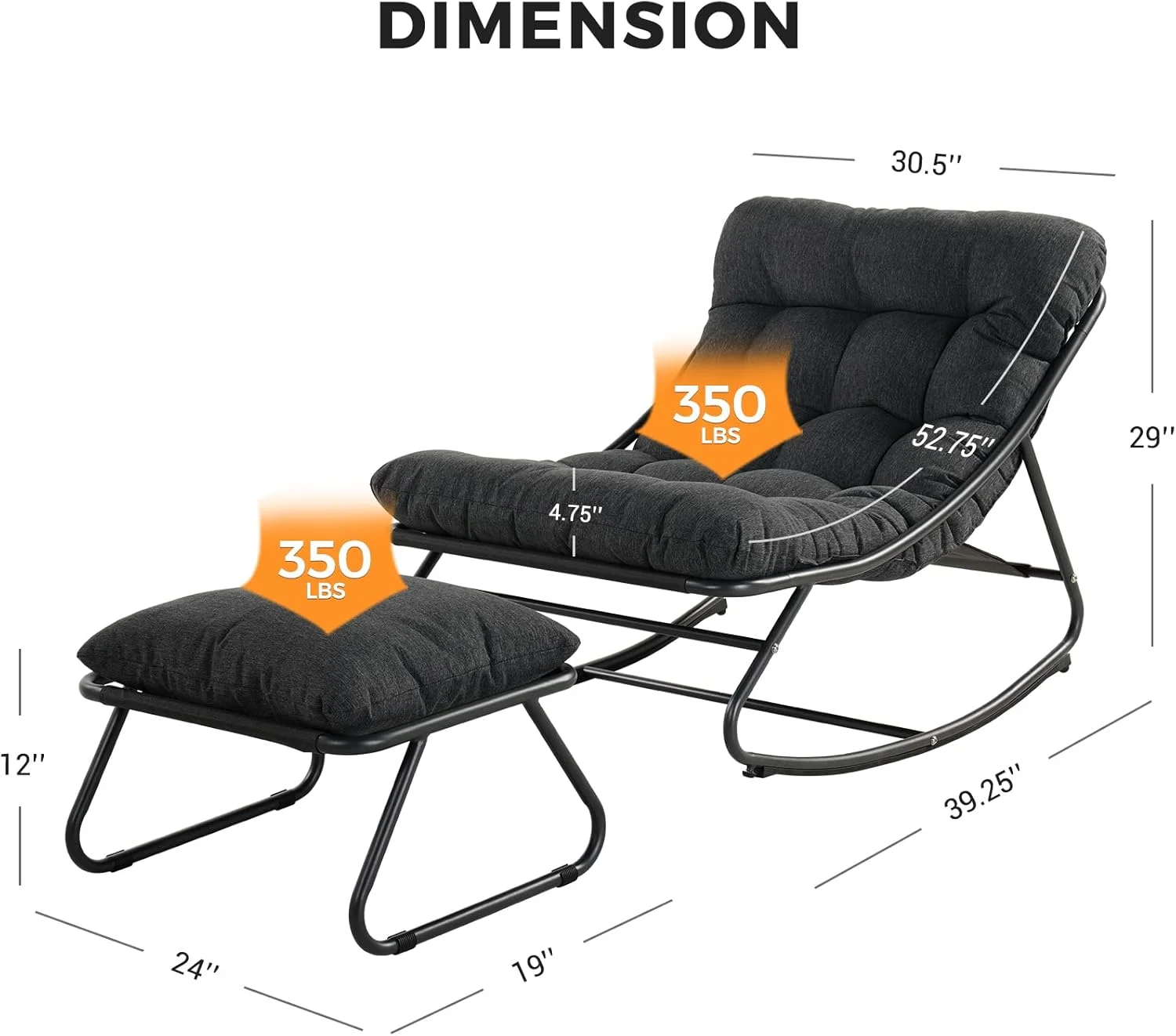 Outdoor Rocking Chair, Indoor Oversized Comfy Reading Chairs Set with Cushion, Patio Rocker Recliner Chair, Grey - Image 14
