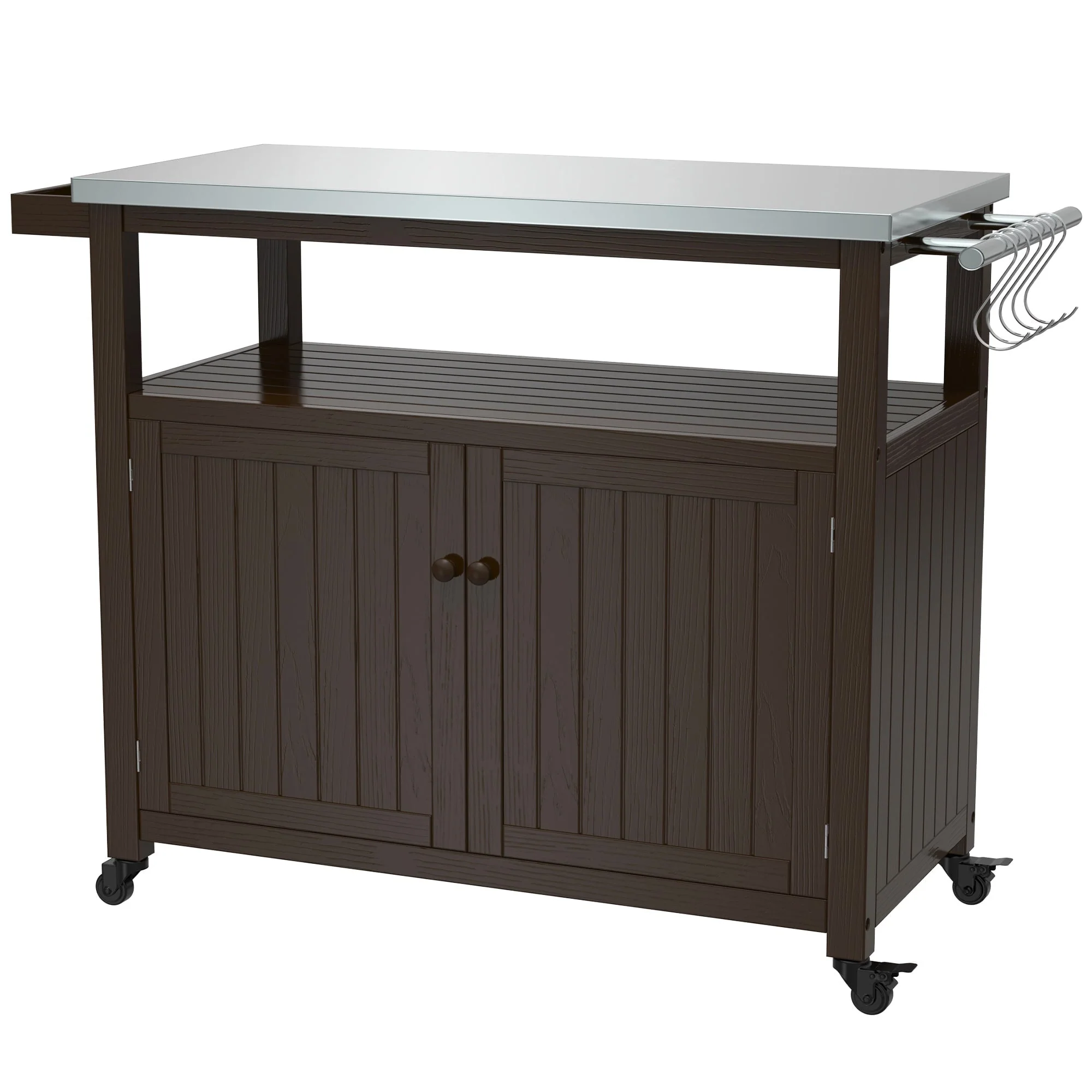 Outdoor Prep Table Grill Station, Solid Wood Movable Dining Cart Table, Dark Brown - Image 9