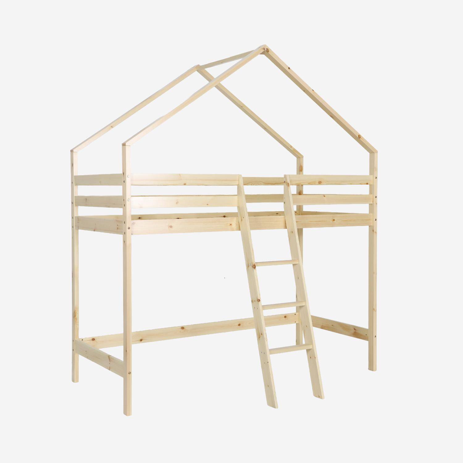 Roya - Cama infantil elevada cabaña de pino natural, 90cm