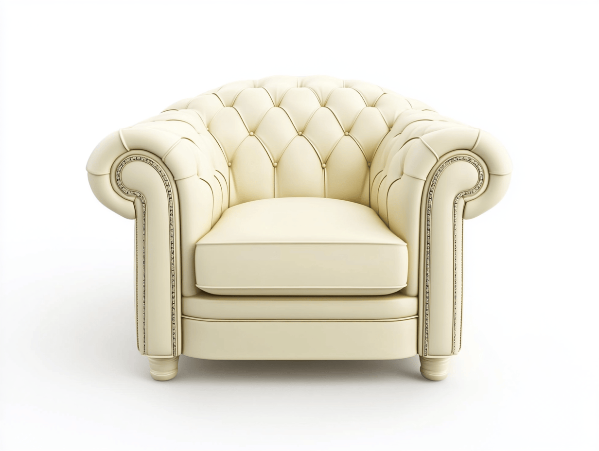 Sillón Chesterfield 112×90×73 cm – piel sintética crema – respaldo capitoné clásico – con reposabrazos curvos ornamentados