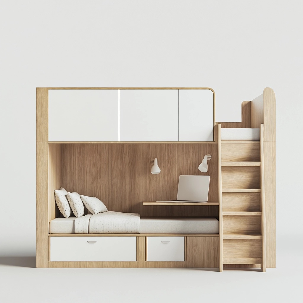 Cama litera para niños de madera con escritorio blanco 200x90cm con espacio de almacenamiento