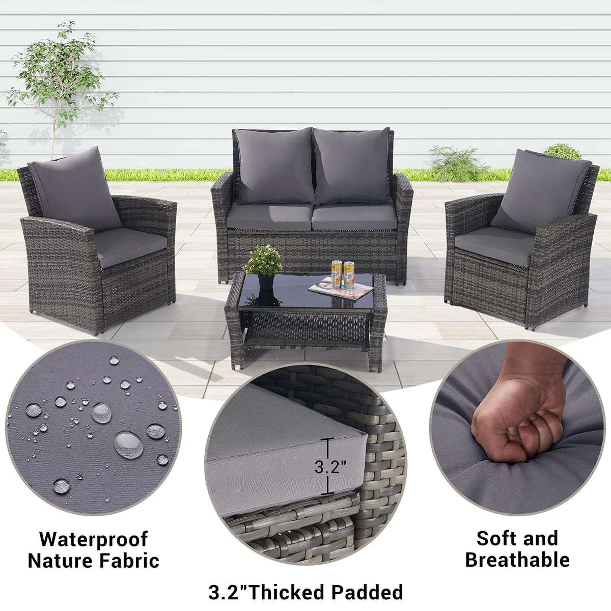 4 Pieces Outdoor Patio Furniture Sets Garden Rattan Chair Wicker Set, Poolside Lawn Chairs with Tempered Glass Coffee Table Porch Furniture - Image 5