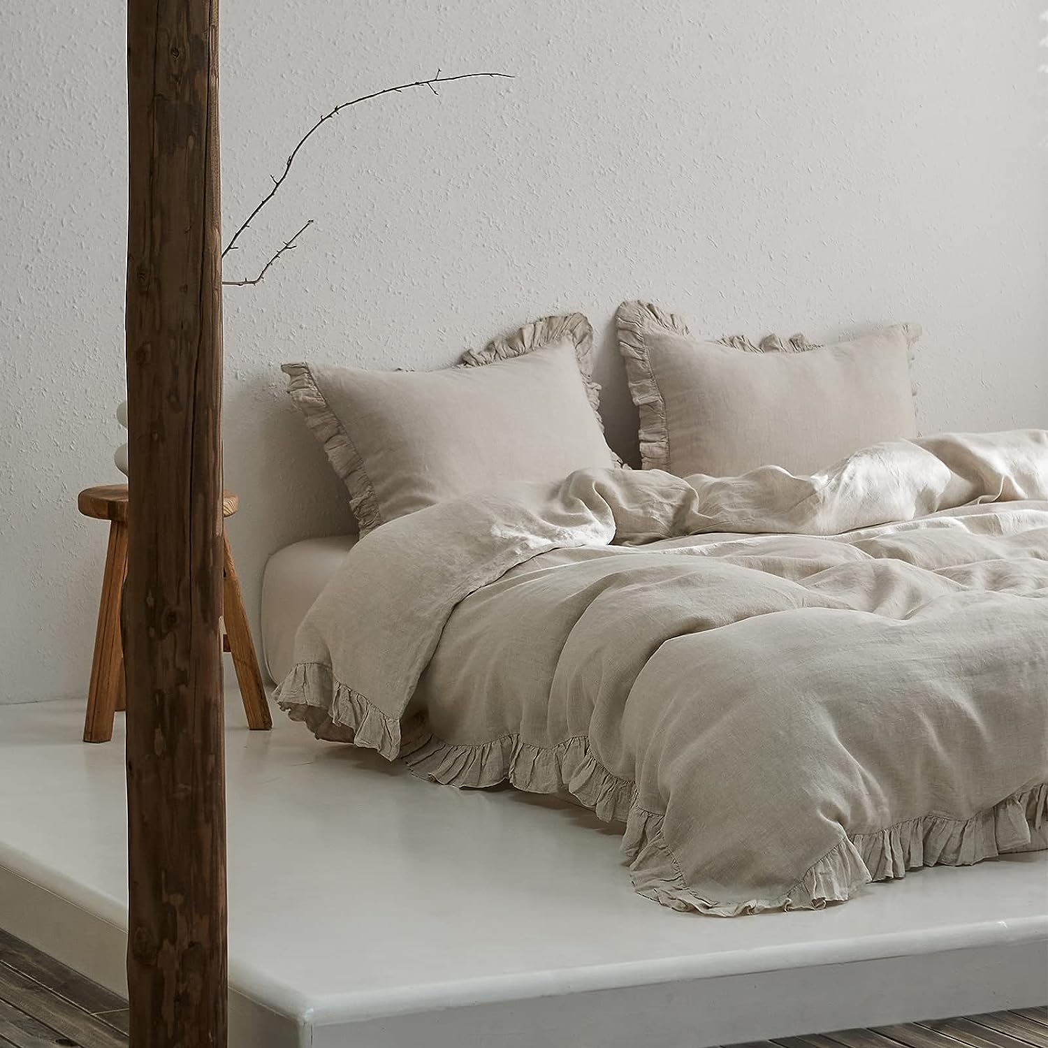 100% Washed French Linen Polyester Duvet Cover Set Premium Ruffled Farmhouse Bedding Natural Flax High End Frill Sets