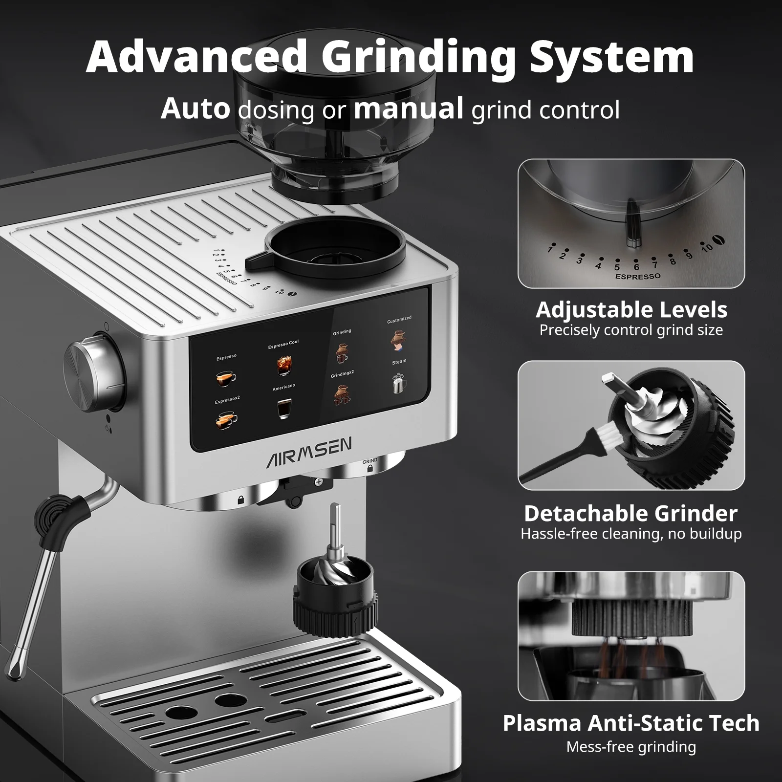 AIRMSEN Espresso Machine with Grinder, Espresso Coffee Machine with Customized Grind Amount & Coffee Volume, Cold Brew Coffee Maker for Cappuccino Latte Americano, Brushed Stainless Steel - Image 4