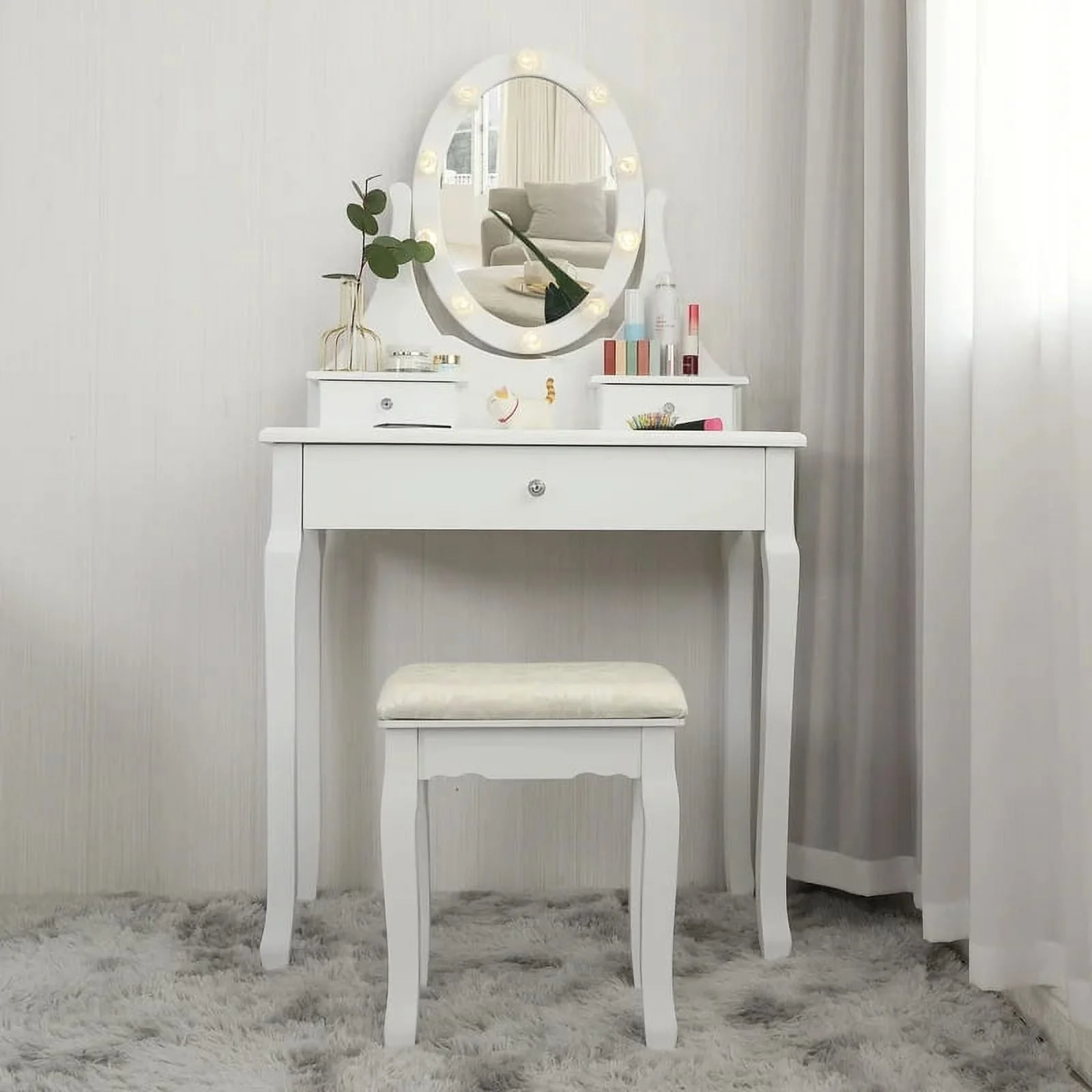 Ktaxon Makeup Vanity Table Set Mirror with LED Lights Dressing Table and Stool Set,Bedroom Vanities Tables with Benches - Image 3