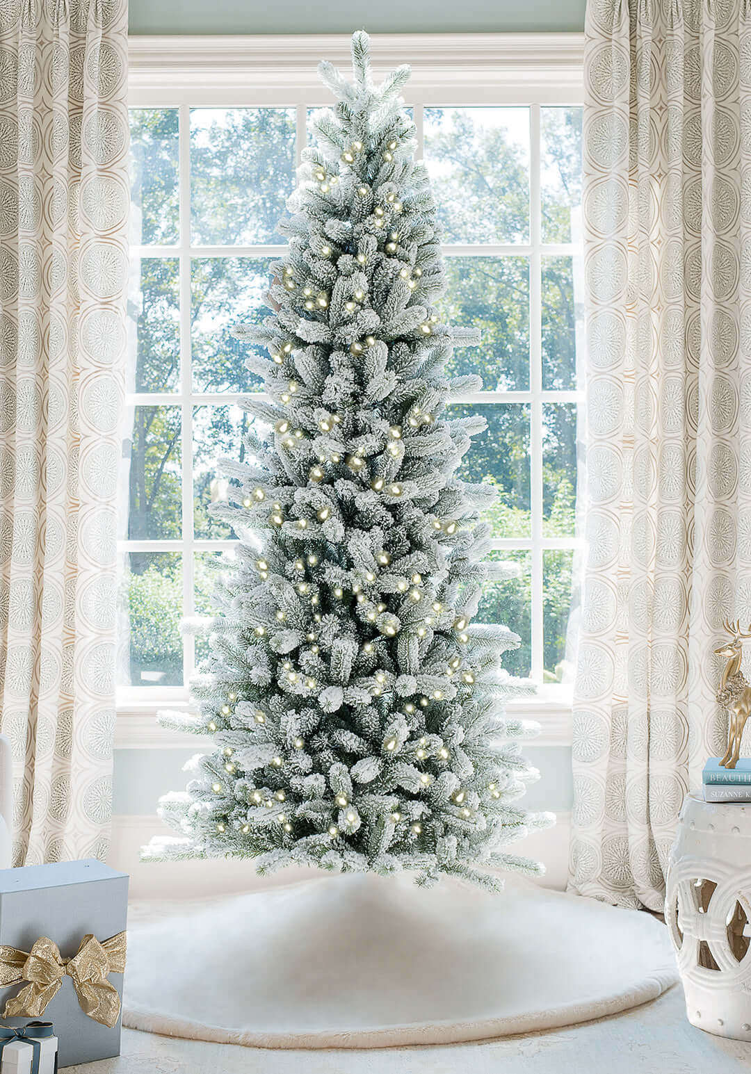 WAYFAIR 7.5' King Flock Slim Artificial Christmas Tree With 650 Warm White LED Lights
