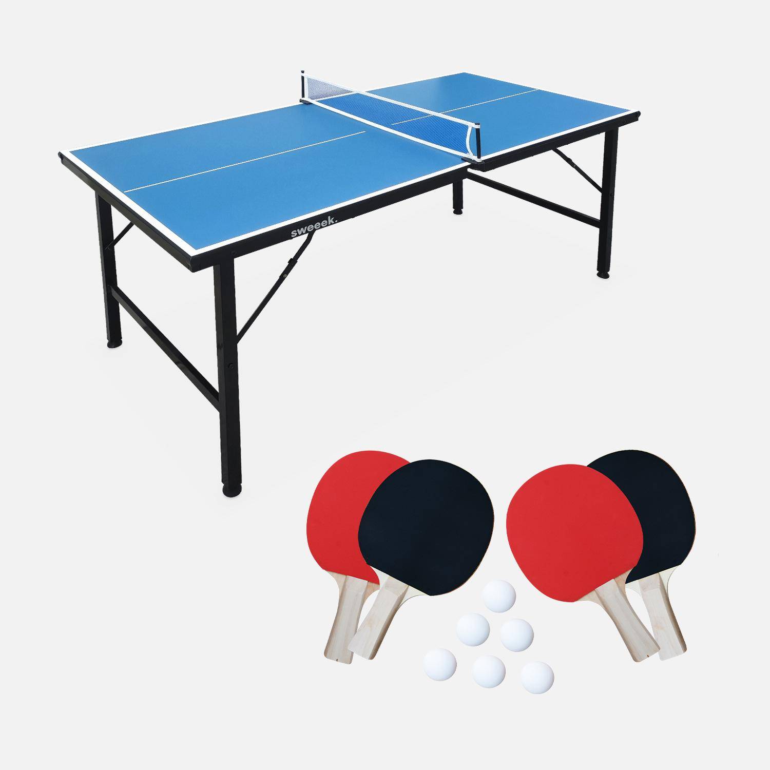 Mini mesa de ping pong - Mini mesa de ping pong interior plegable con 4 raquetas y 6 pelotas, 150cm