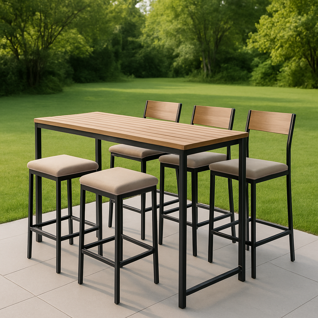 Bar de jardin Mesa alta con taburetes Beige y Negro Metal y madera Exterior 180×70×105cm