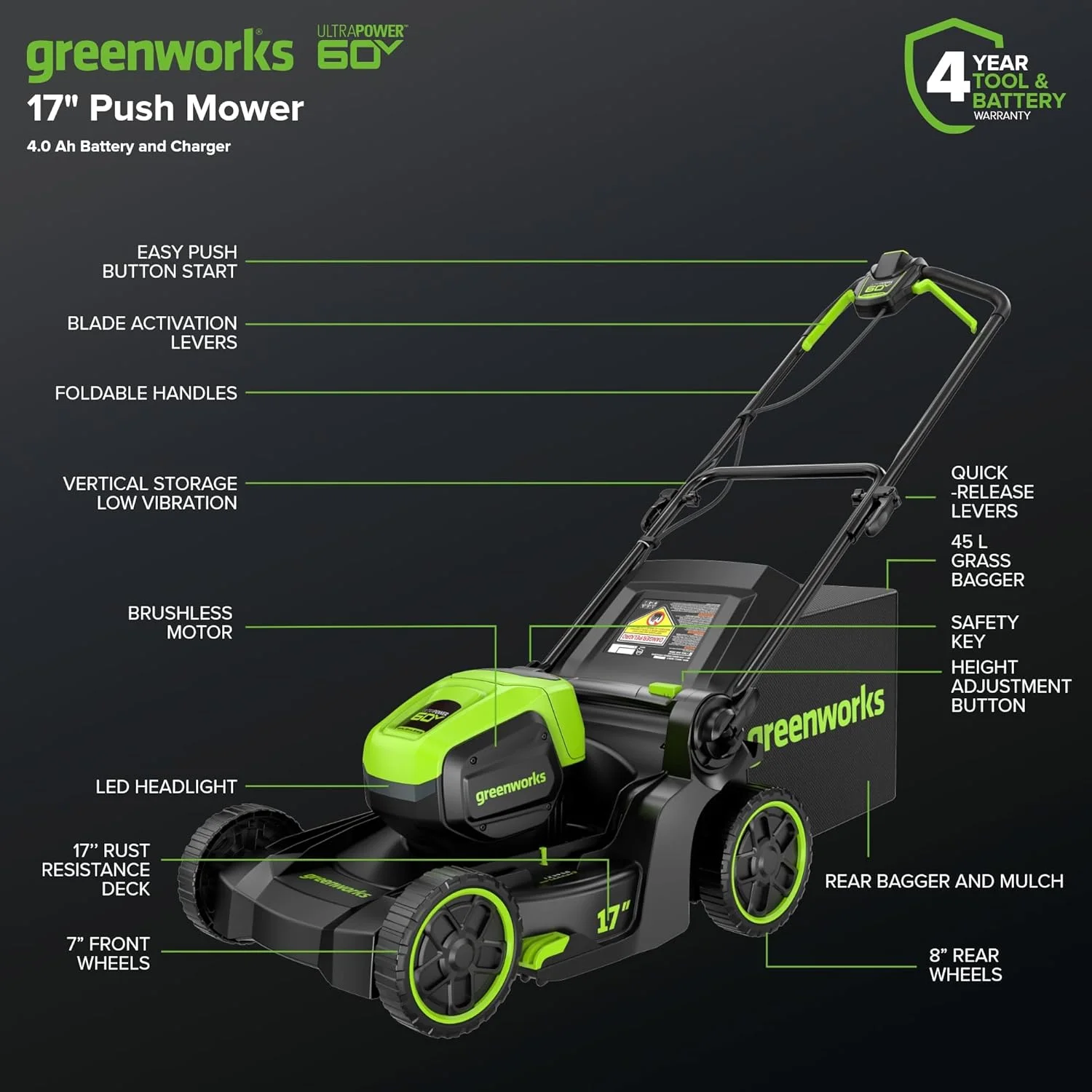 Greenworks 60V 17" Brushless (Push) Mower + 60V 13" String Trimmer, 4.0Ah Battery and 3A Charger - Image 2