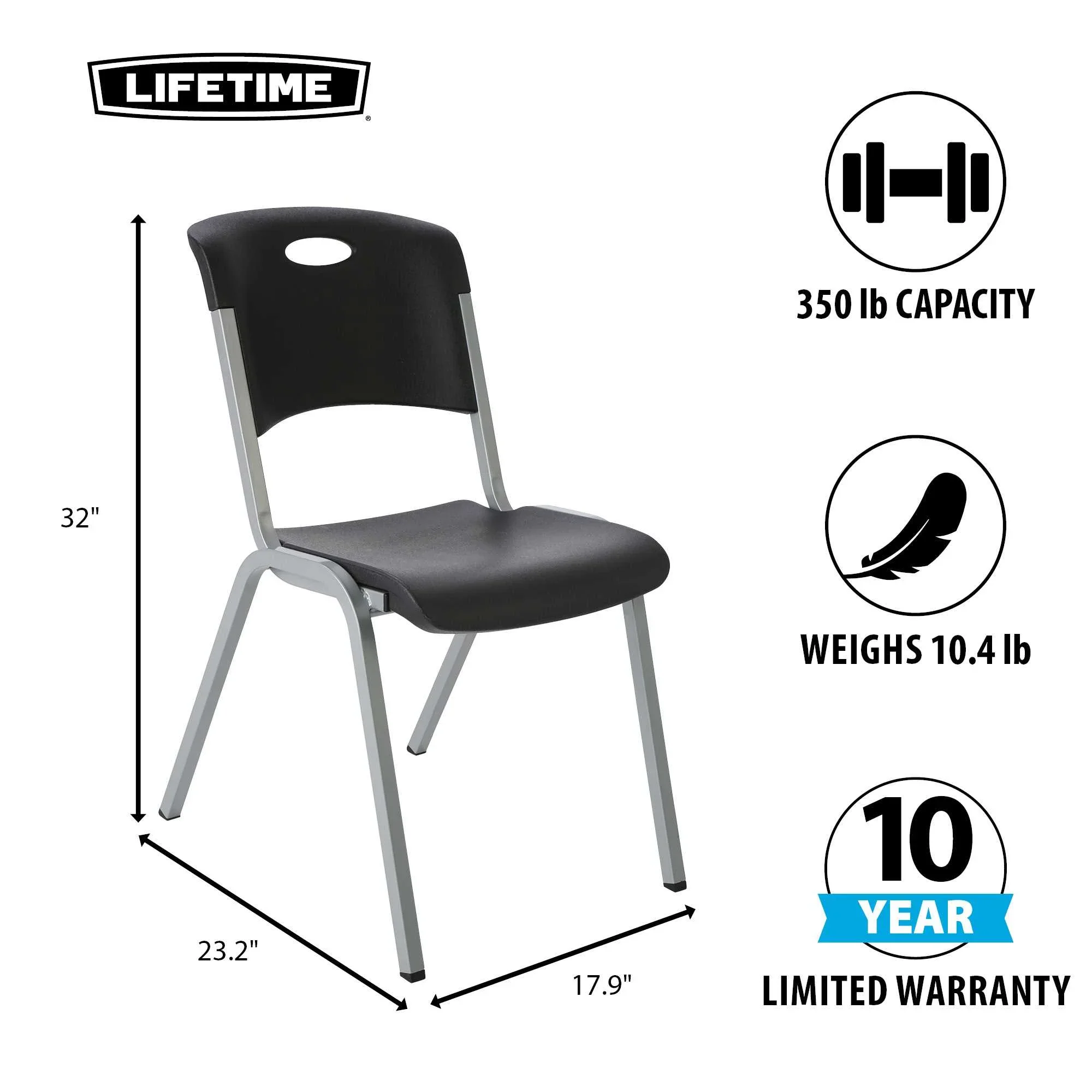 Lifetime Steel Framed Indoor/Outdoor Commercial Grade Stacking Chairs, Black & Silver, (Set of 14) 80569