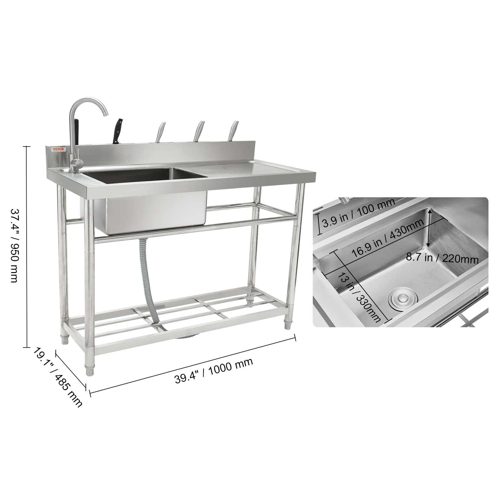 Bentism Silver Stainless Steel 39.4 x 19.1 x 37.4 inches Rectangular Single Bowl Sink - image 5