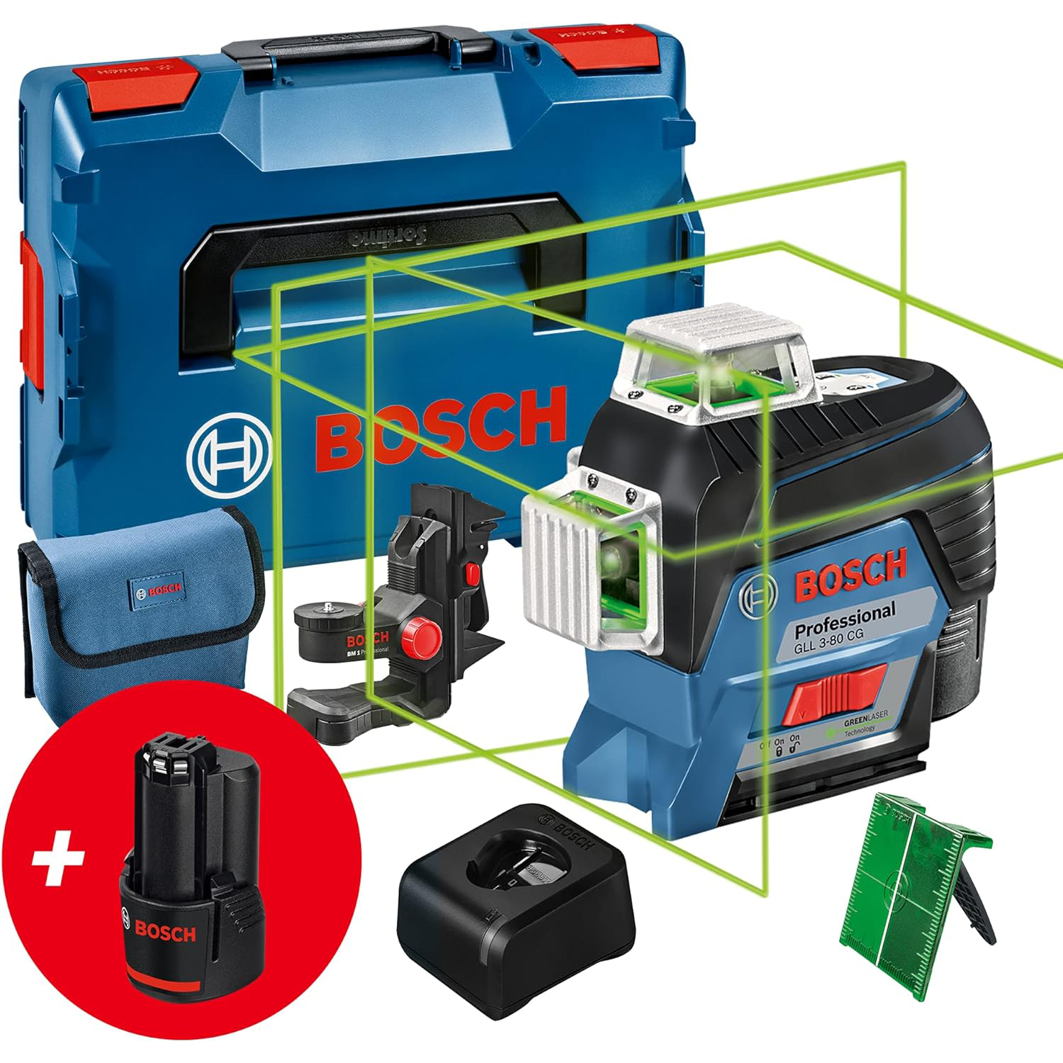 Bosch Professional 12V System Laser Lignes GLL 3-80 CG – Exclusive Set & Cellule de Réception LR 7 (Faisceau Rouge et Vert, 2 Piles 1,5 V AAA, Portée : 5-50 m, Housse de Protection)