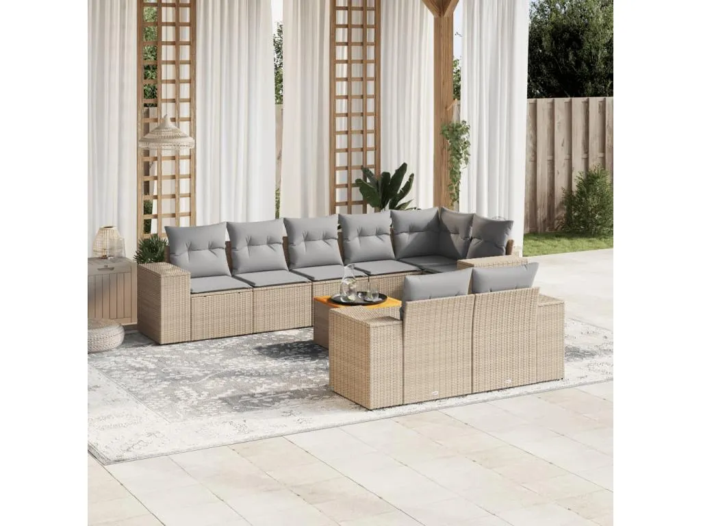 Decounico Set de sofás de jardín 9 pzas con cojines ratán sintético beige