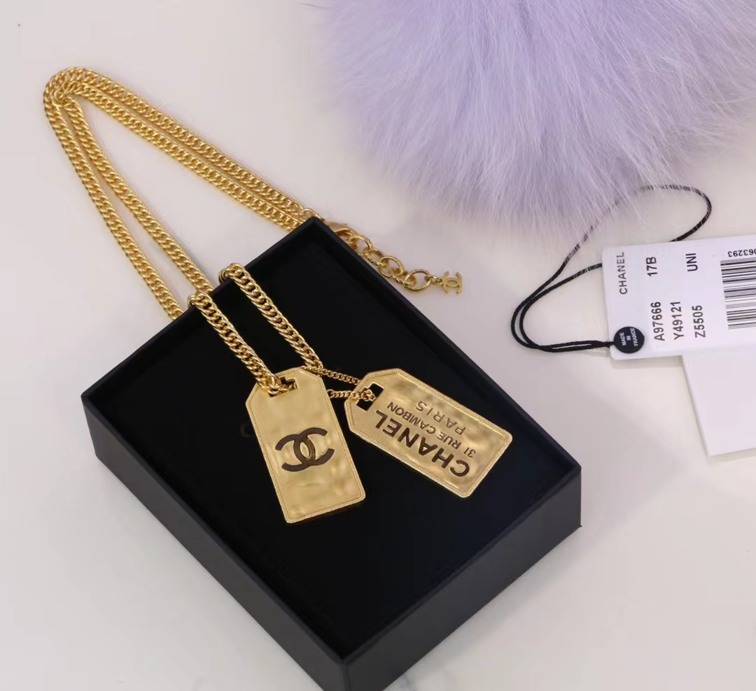 Chanel Unisex Thick Cuban Chain Rectangle Tag Pendant Necklace - Original Replica Club