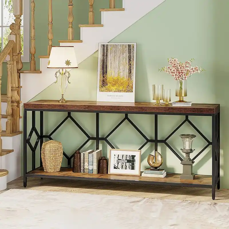 70.9-Inch Industrial Sofa Console Table with Open Storage Shelf - Extra Long Narrow Entry Table for Behind Couch