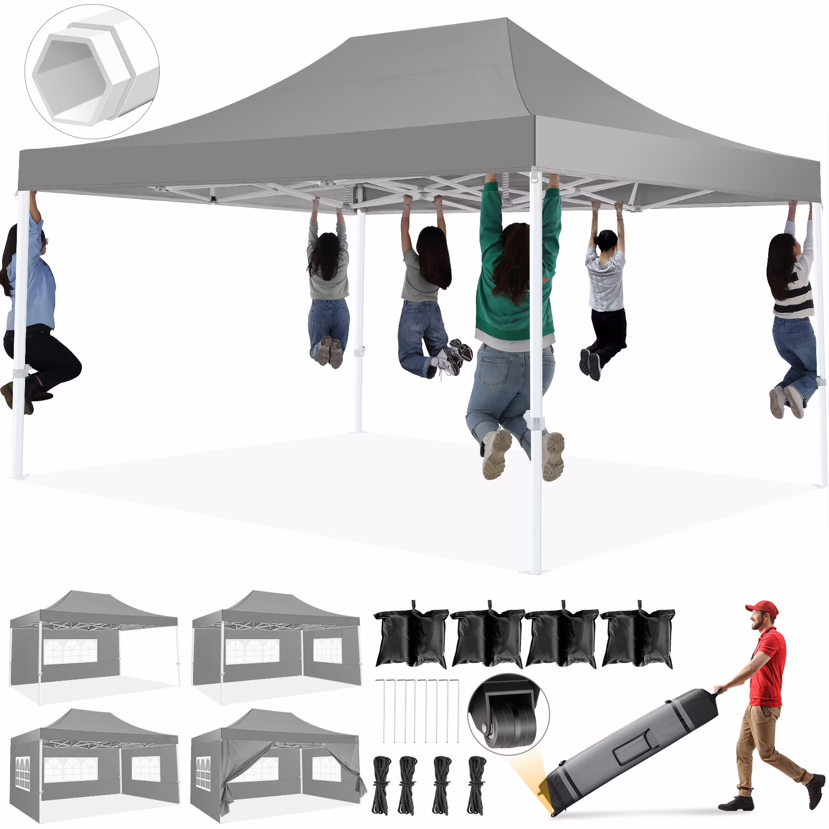 HOTEEL 10x15 Heavy Duty Canopy Tent - Commercial Pop Up with UV50+, Thick Hexagonal Frame, 4 Sidewalls, Anti-Pooling Design & Roller Bag (Black)