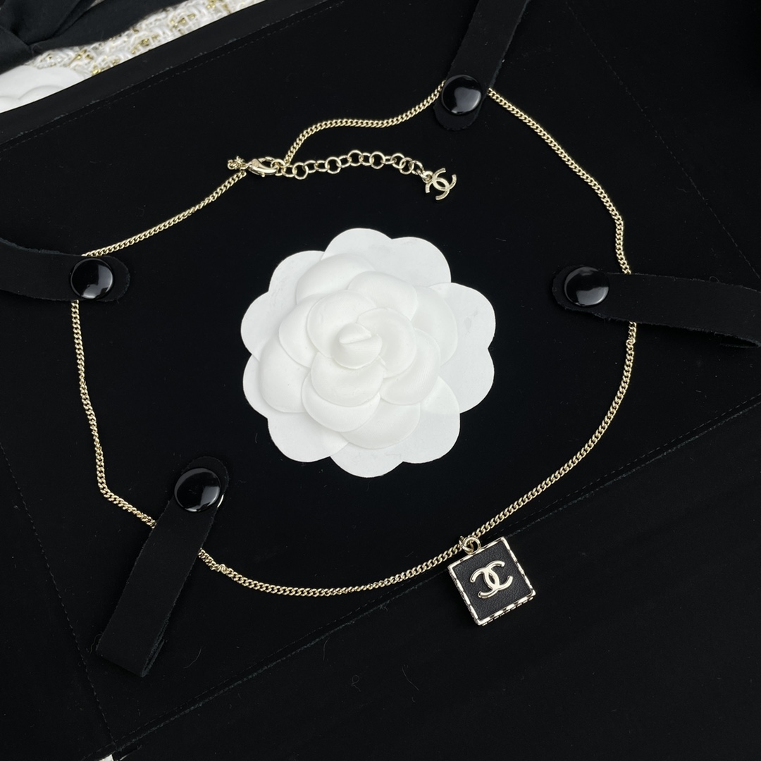 Chanel Black Square Tag Pendant Necklace Minimalist - Original Replica Club