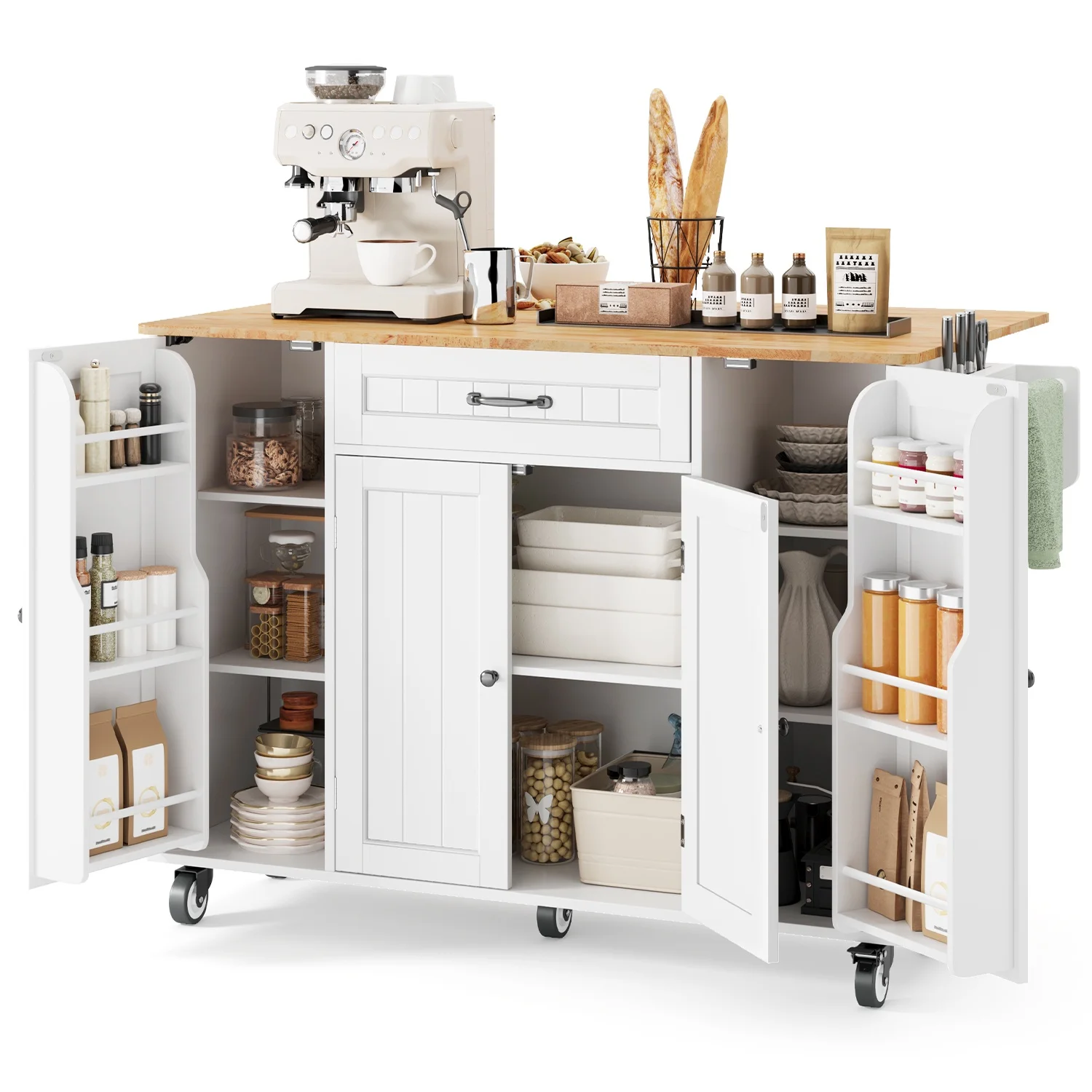 Noelse Kitchen Island with Storage, Island Table for Kitchen with Drop Leaf, Spice Rack, Towel Bar for Small Kitchens, White - Image 19