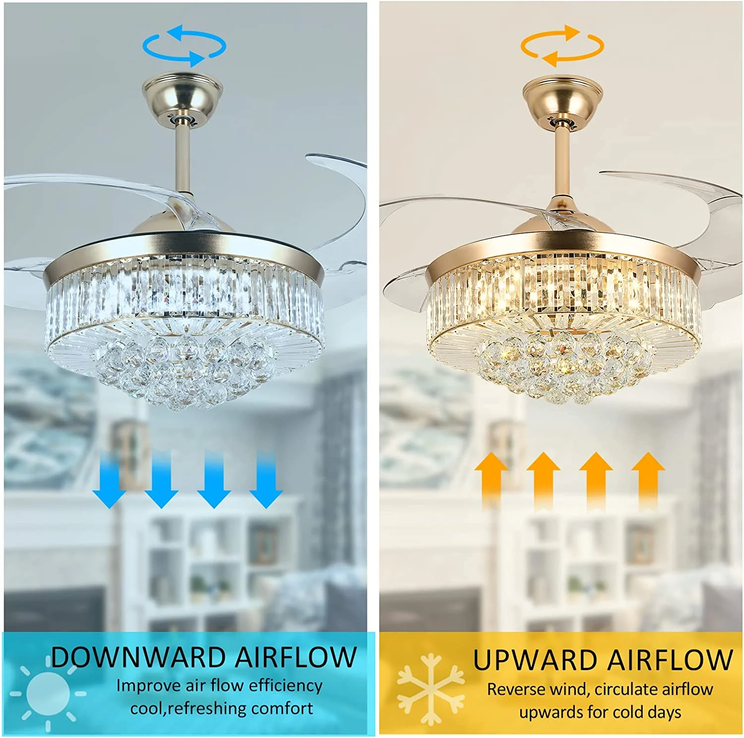Datingday 42 Inch Crystal Ceiling Fan Golden Crystal Ceiling Fan Chandelier with Remote 6 Speeds 3 Colors Changes Lighting Fixture, 4 Blades Retractable Fans for Bedroom Living Room Dining Room - Image 2