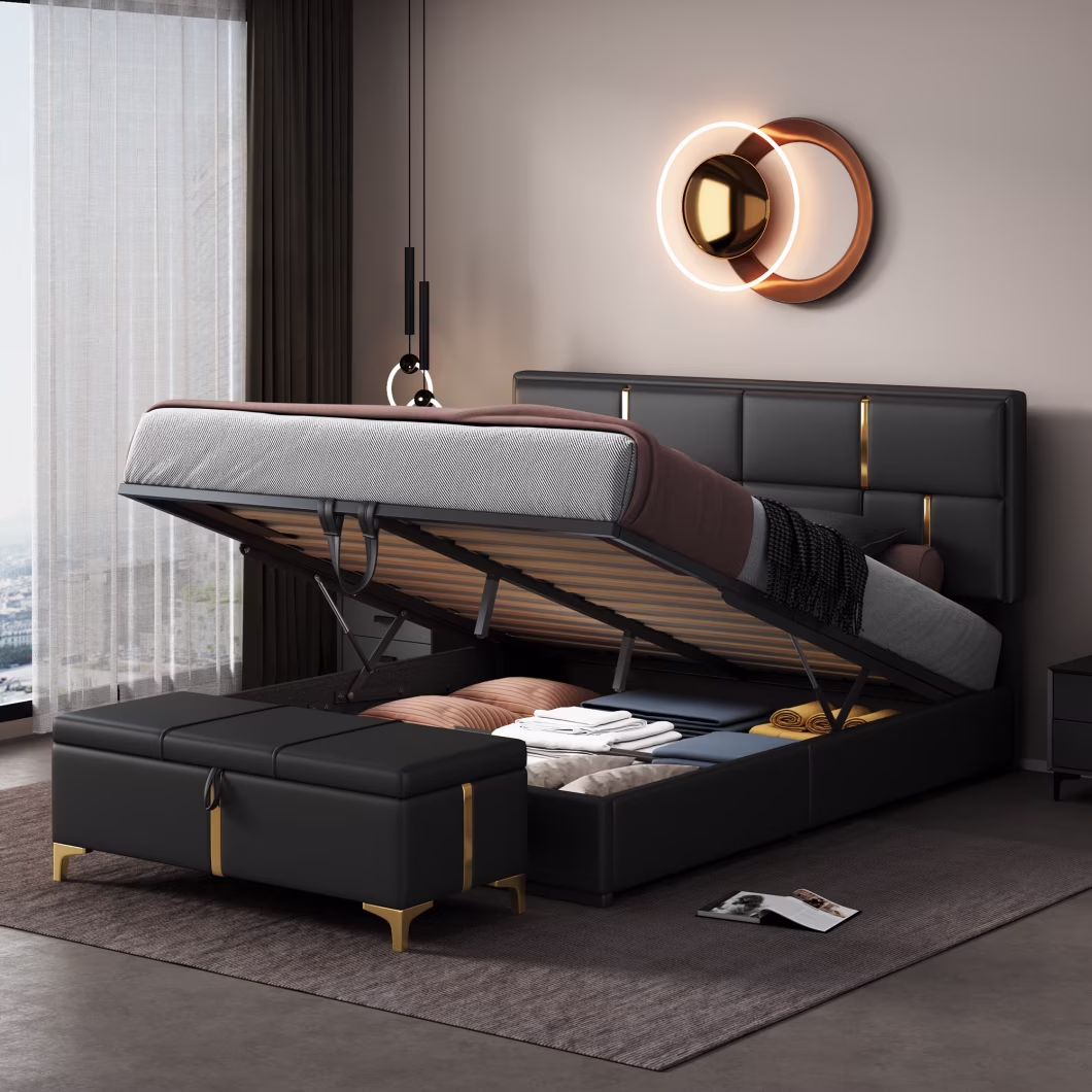 2-Pieces Bedroom Sets, Queen Size Upholstered Platform Bed with Hydraulic Storage System,Storage Ottoman with Metal Legs, 2 Piece Wood Bedroom Furniture Set, Beige