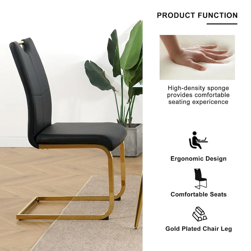 4-Piece Modern Faux Leather Dining Chair Set with Gold Metal Legs and Padded Seats