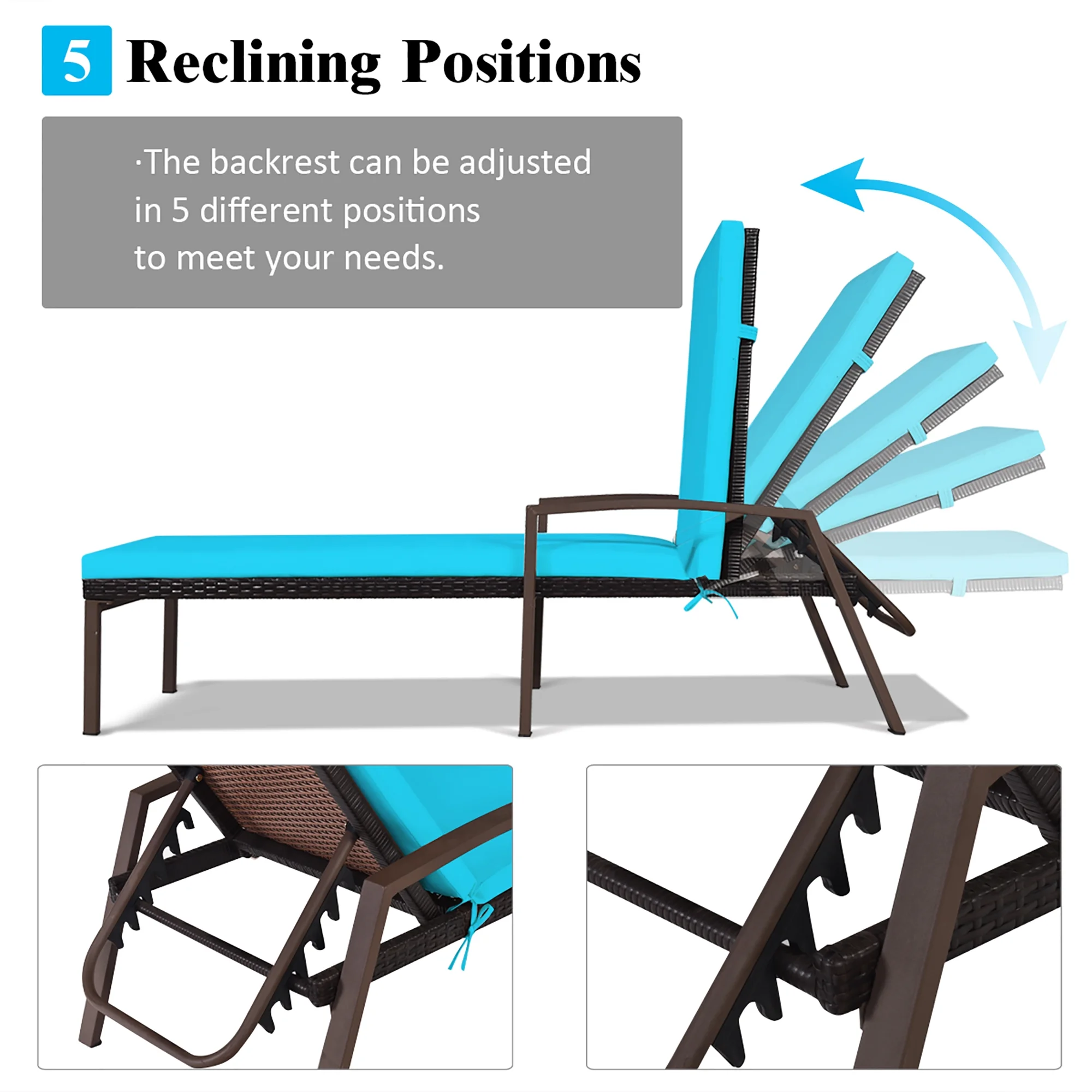 Costway 2PCS Patio Rattan Lounge Chair Chaise Recliner Back Adjustable Cushioned Red - Image 17