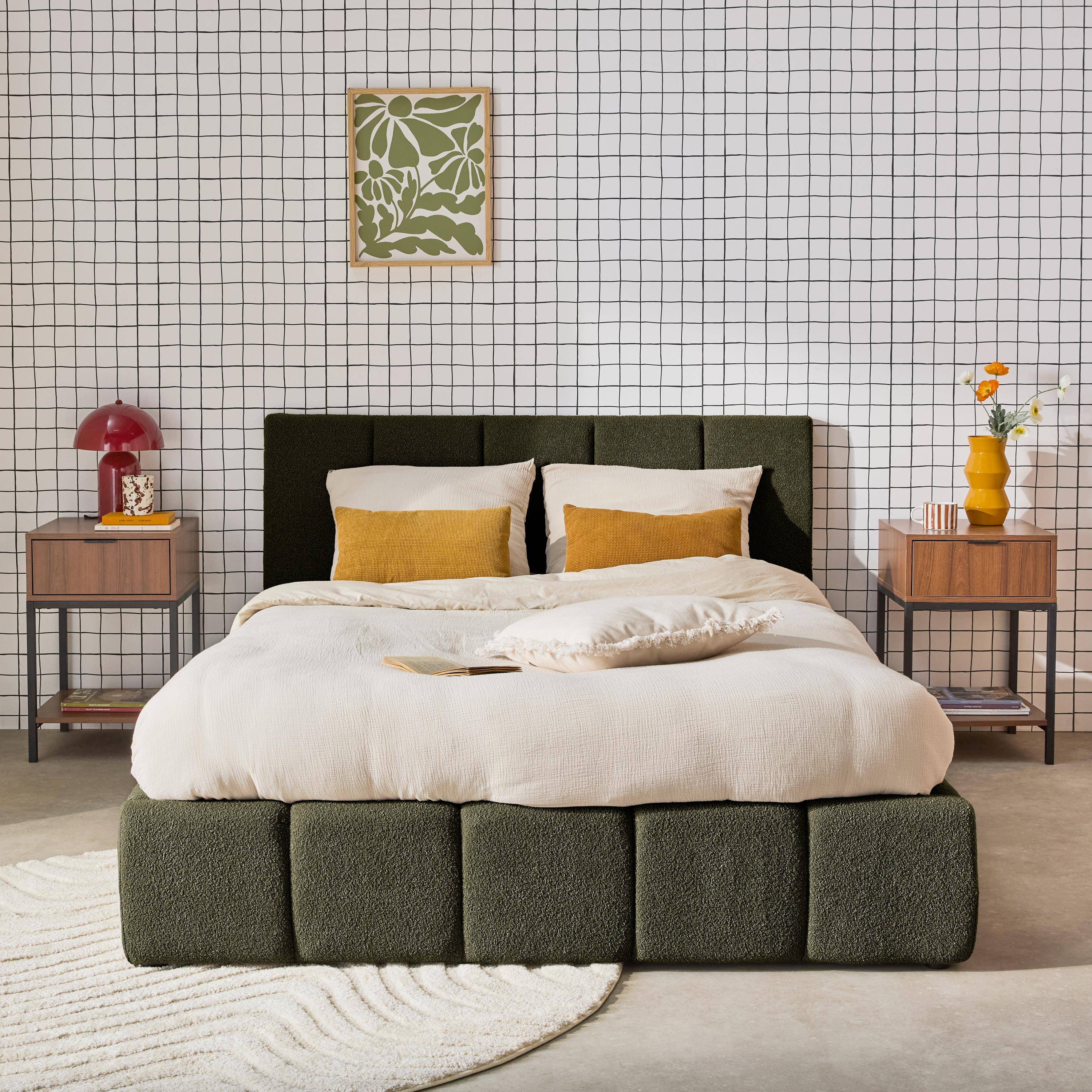 Lex - Cama con cajón con somier de láminas y cabecero 160x200cm, acabado en borreguito