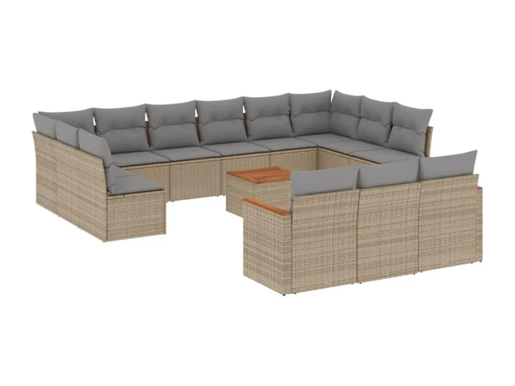 Set sofás de jardín 14 piezas con cojines ratán sintético beige