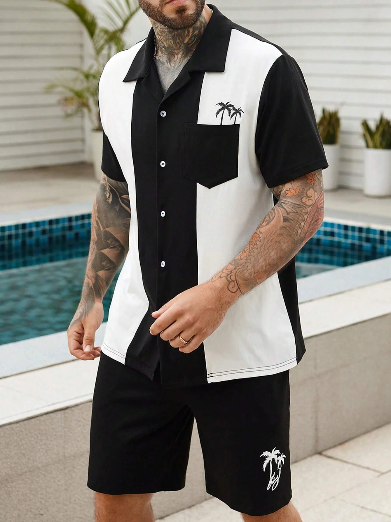 Suitmens Men's Hawaiian Print Short Sleeve Shirt Set 008